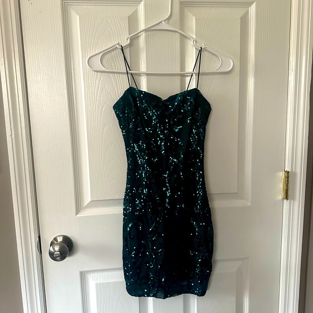 A green/ blue sequence hoco dress